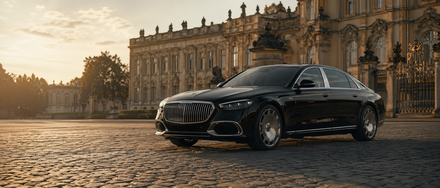 Mercedes-Maybach S-Klasse mit Chauffeur vor historischem Gebaeude