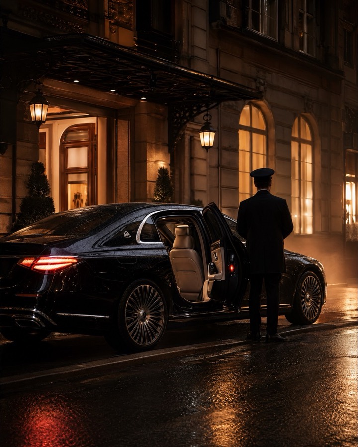 Chauffeur öffnet die Fondtür einer Mercedes-Maybach S-Klasse vor einem Hotel